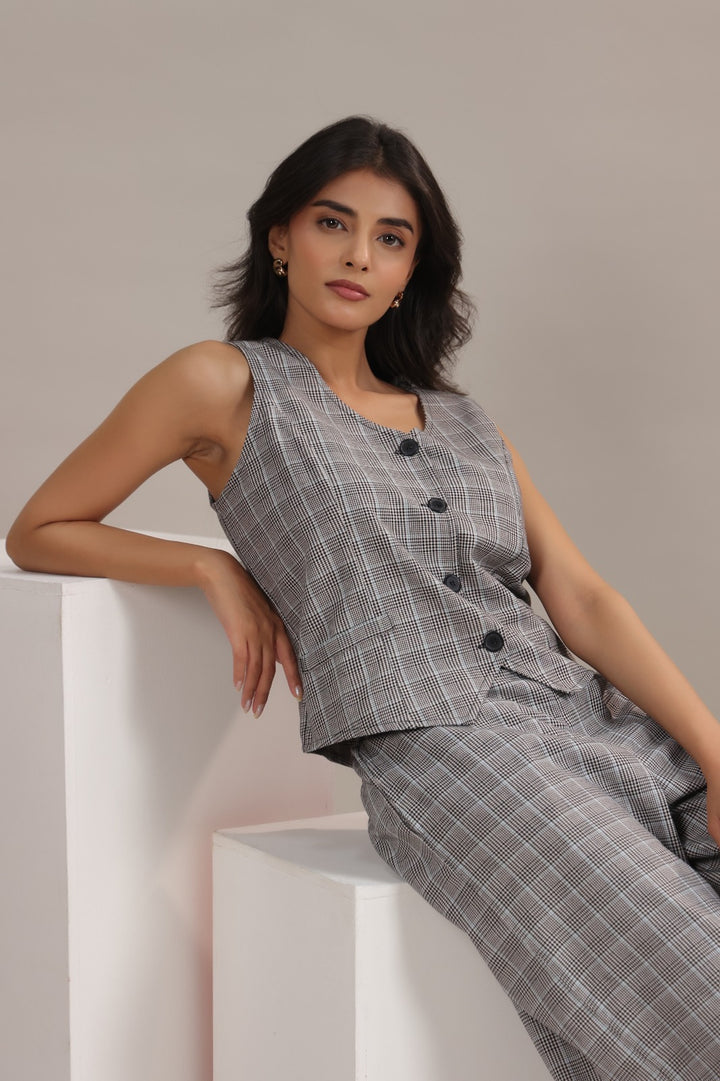 Mode Grey Checkered Co Ord Set Fabric Detail