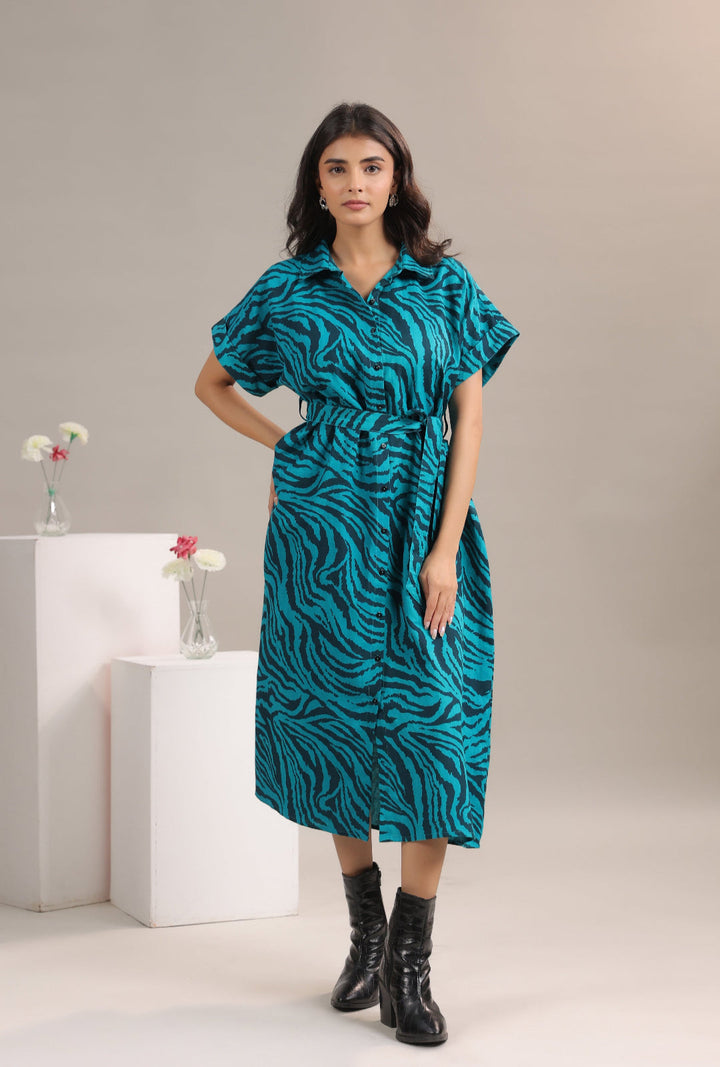 Model wearing Teal and Black Animal Print Midi Shirt Dress with Belt by June 9 Clothing – front view