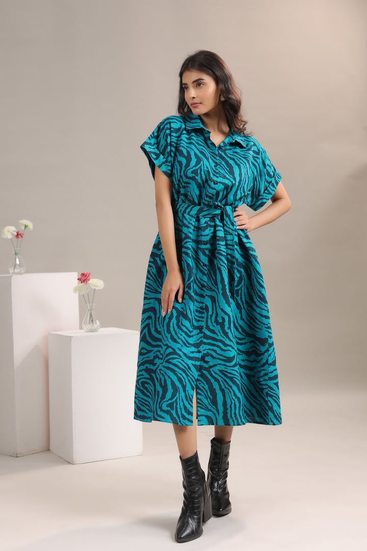 Model wearing Teal and Black Animal Print Midi Shirt Dress with Belt by June 9 Clothing – front view2
