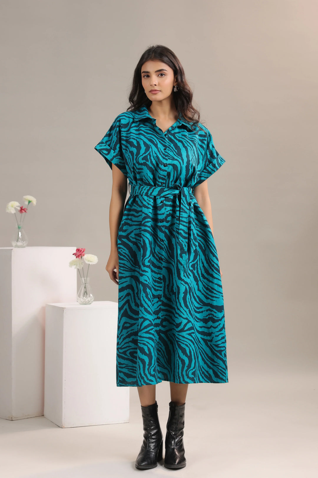 Buy Teal and Black Animal Print Midi Shirt Dress for Women June 9 Clothing Buy Teal and Black Animal Print Midi Shirt Dress for Women June 9 Clothing