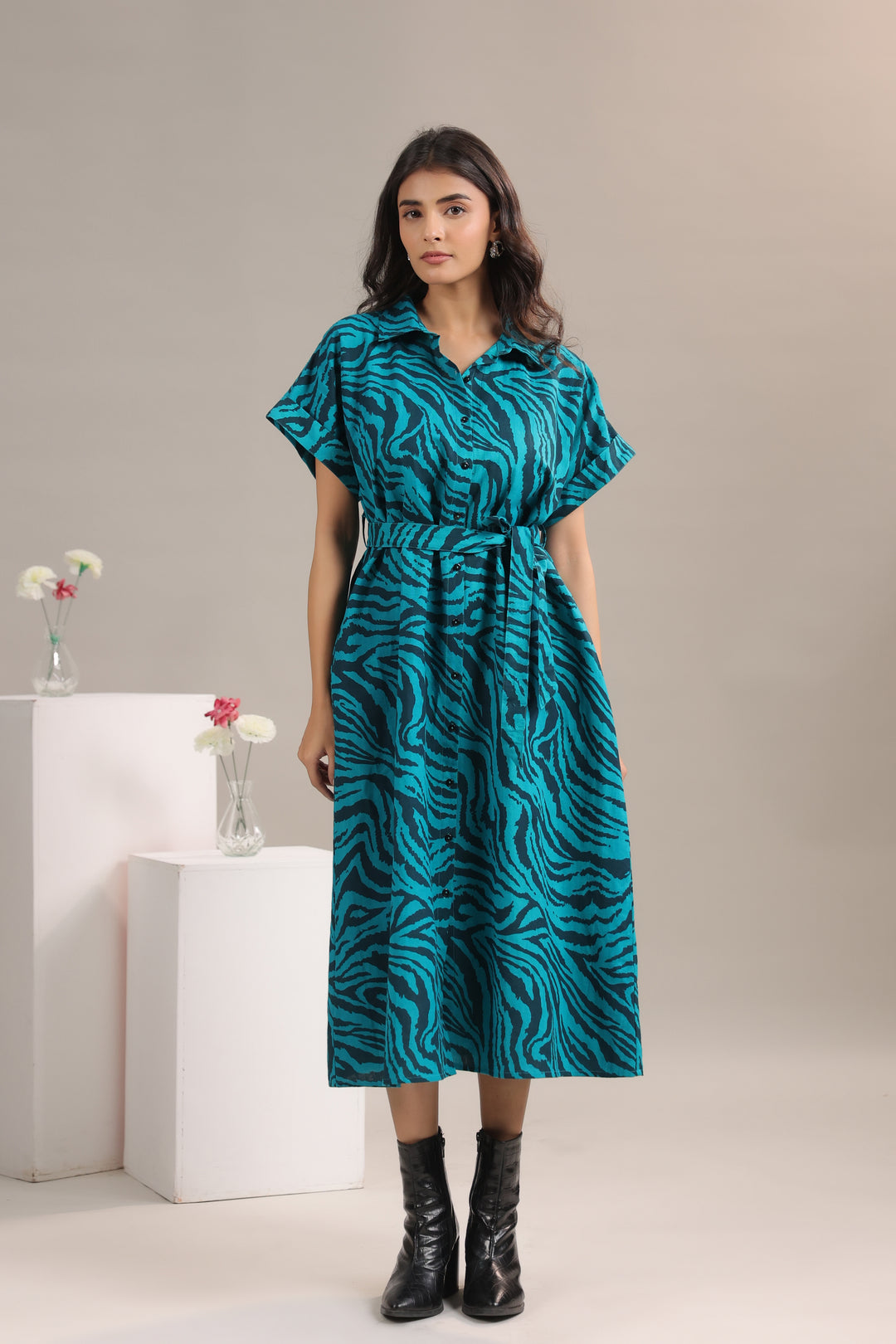 Model wearing Teal and Black Animal Print Midi Shirt Dress with Belt by June 9 Clothing – front view3