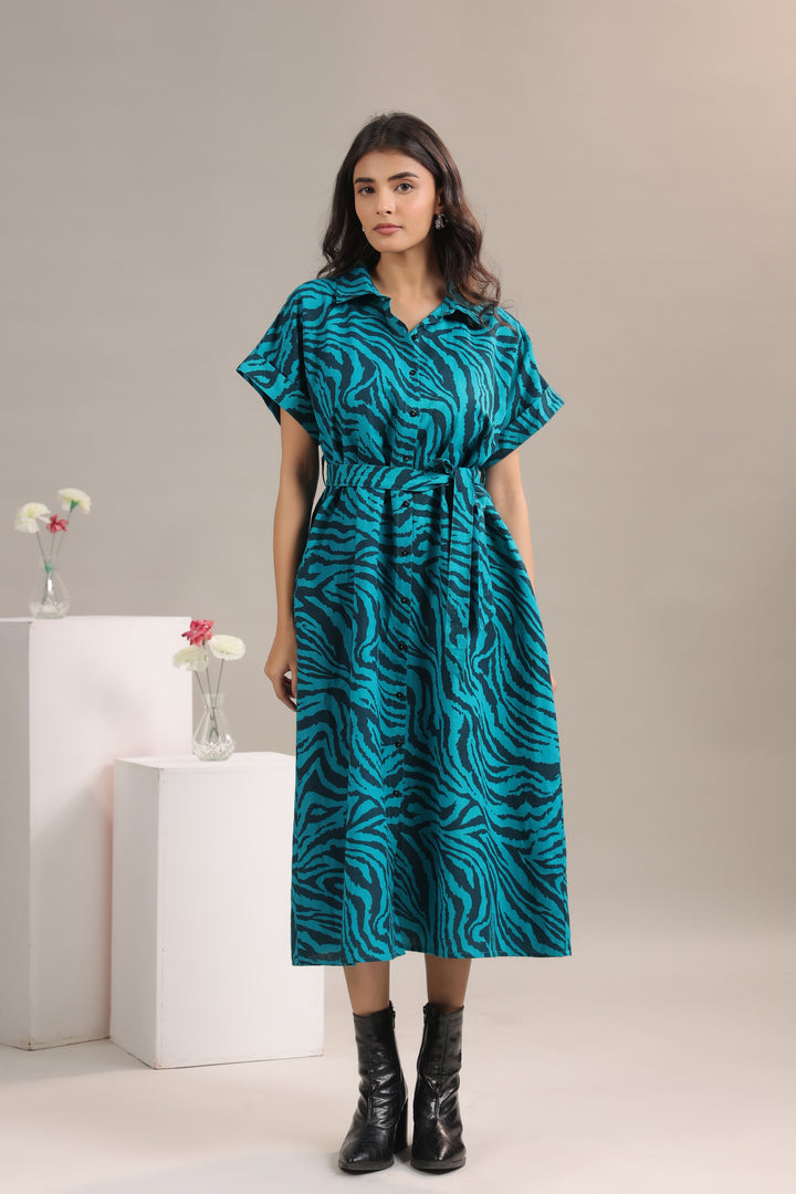 Model wearing Teal and Black Animal Print Midi Shirt Dress with Belt by June 9 Clothing – front view3