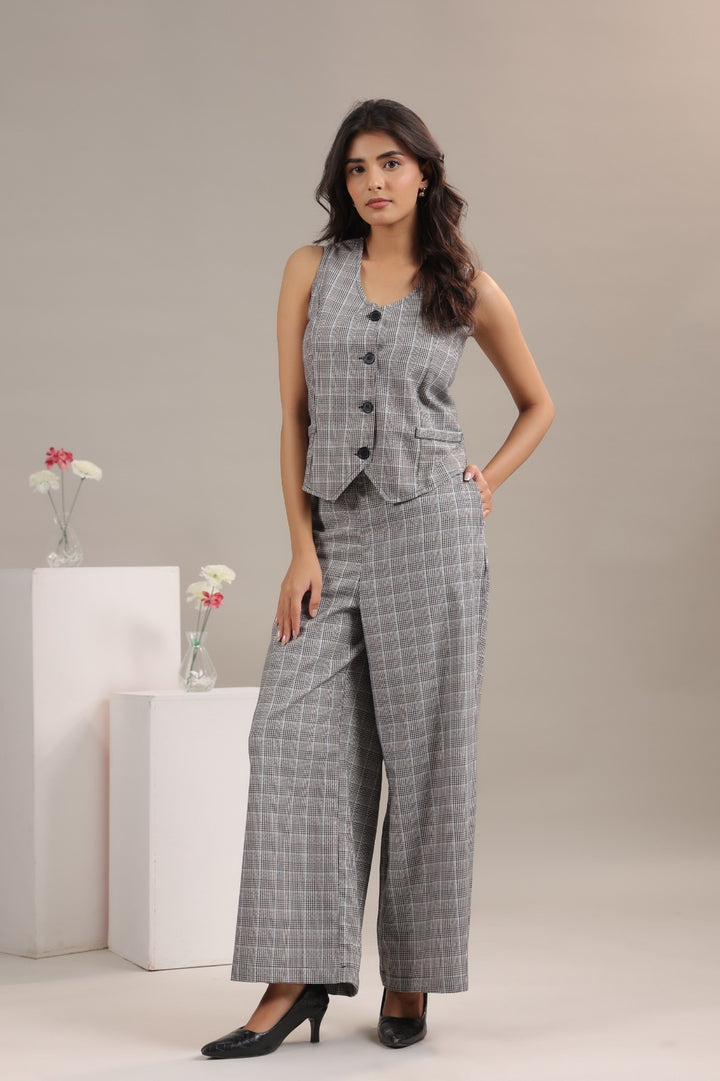 Grey checkered co ord set for women modern formal outfit vest and trousers