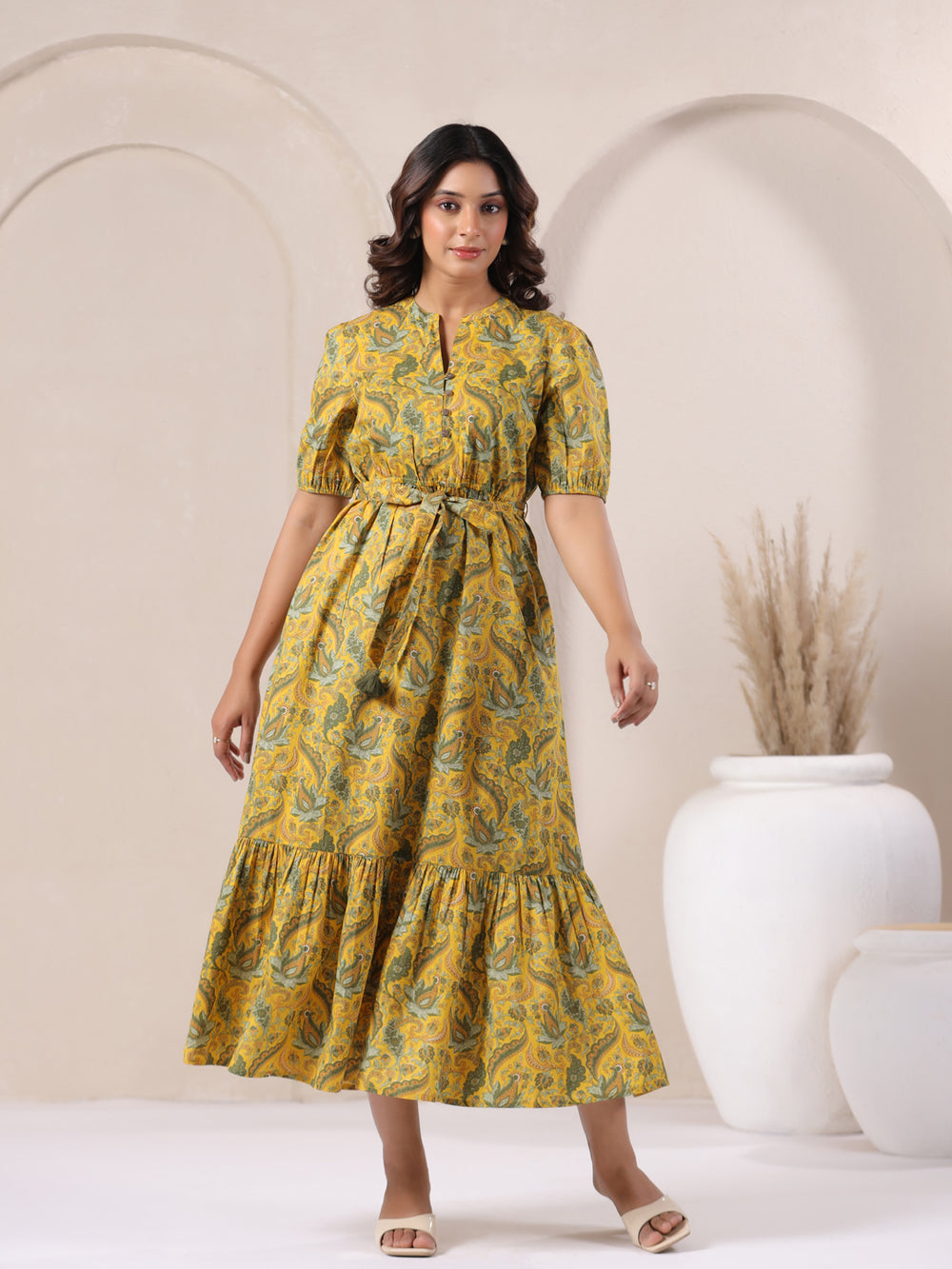 Bohemian Paisley Printed 100% Cotton Maxi Dress - Side View - Flowy Boho Style