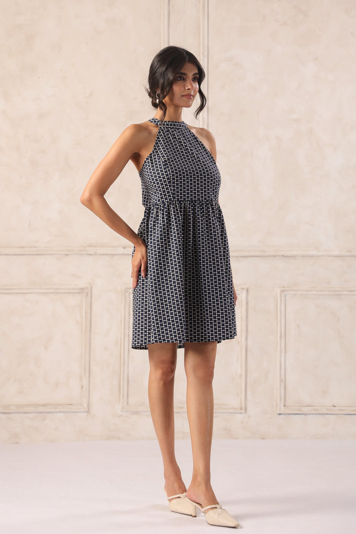 Navy blue mini dress halter neck women chic summer brunch outfit