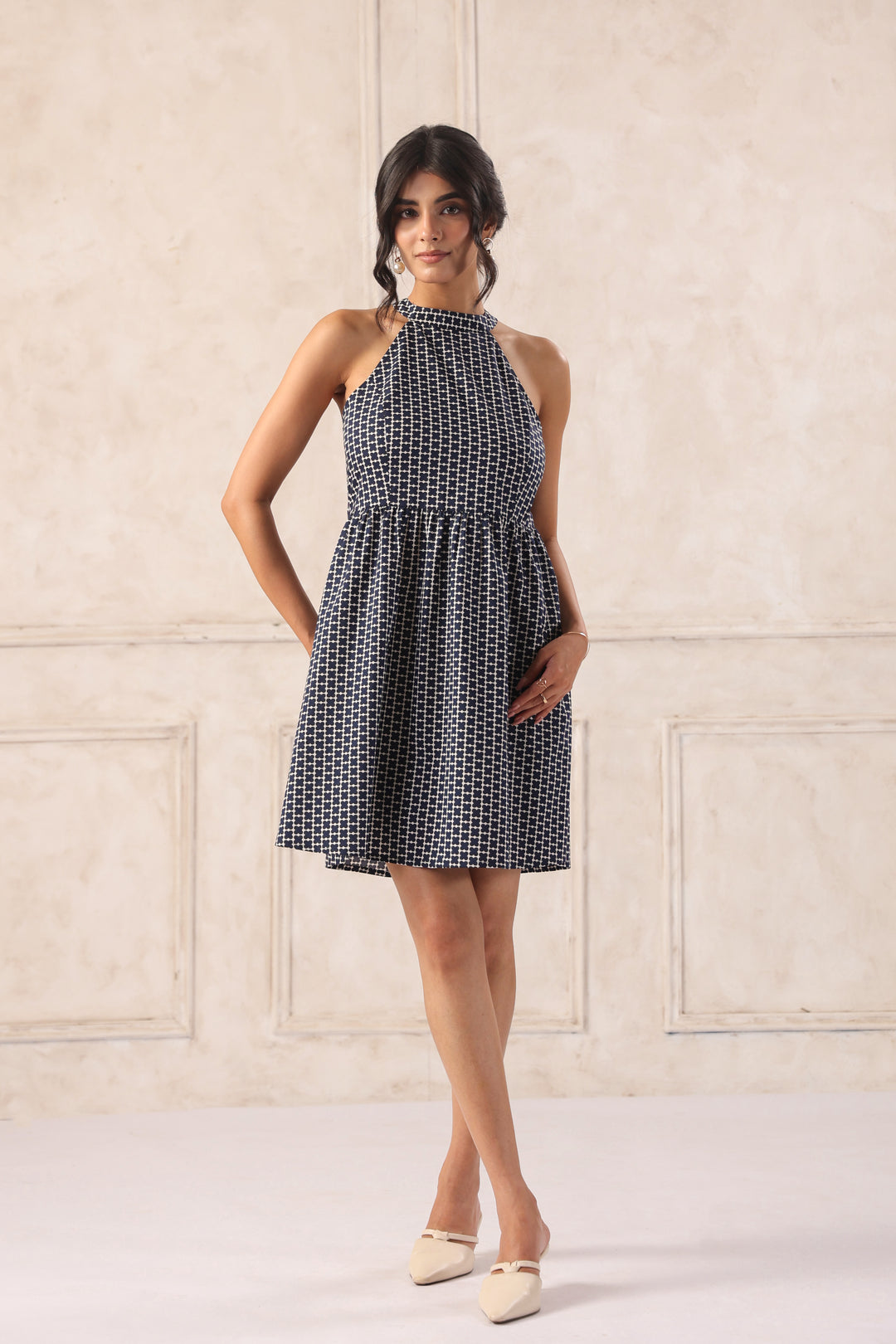 Navy blue halter neck mini dress for women front view stylish brunch party wear dress