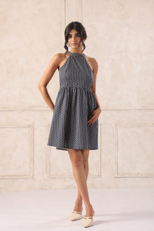 Navy blue halter neck mini dress for women front view stylish brunch party wear dress