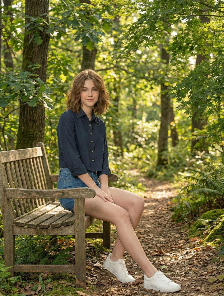 Navy Blue Poly Moss Full Sleeves Crop Shirt
