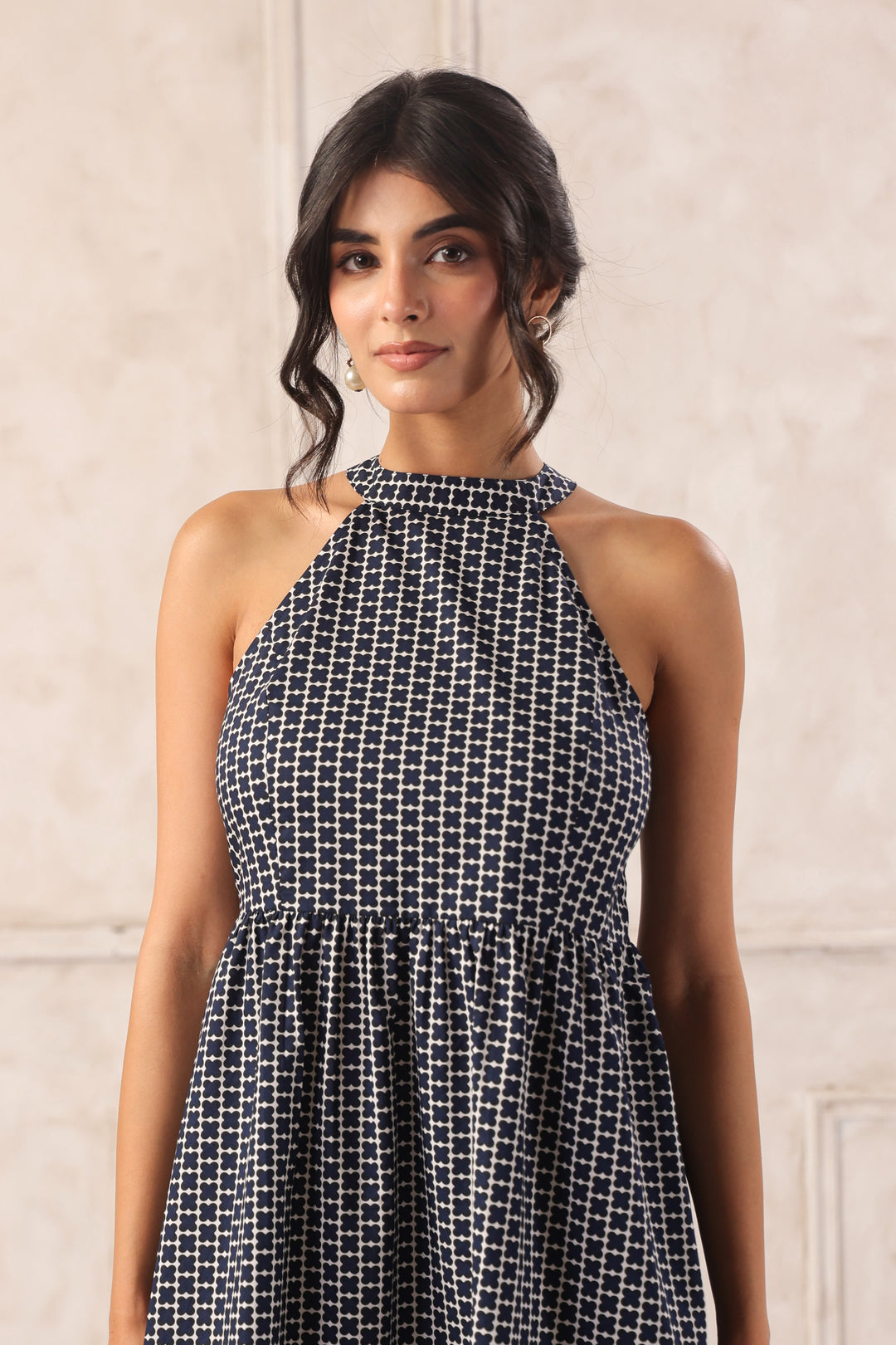 Close up navy halter neck mini dress neckline detail sleeveless women dress