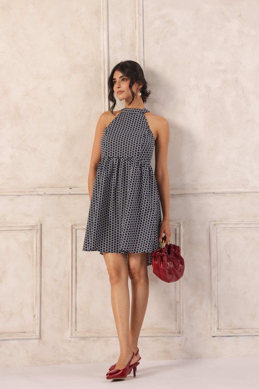 Navy Halter Neck Mini Dress styling guide