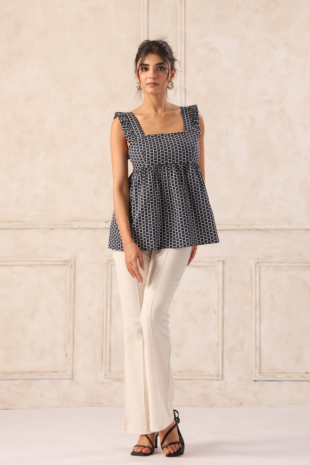 Navy peplum top for women front full look cotton summer top with square neckline
