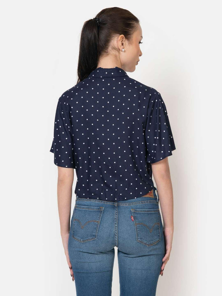 Classis Navy and White Rayon Polka Dot Front Tie Up Crop Shirt - June 9 Clothing