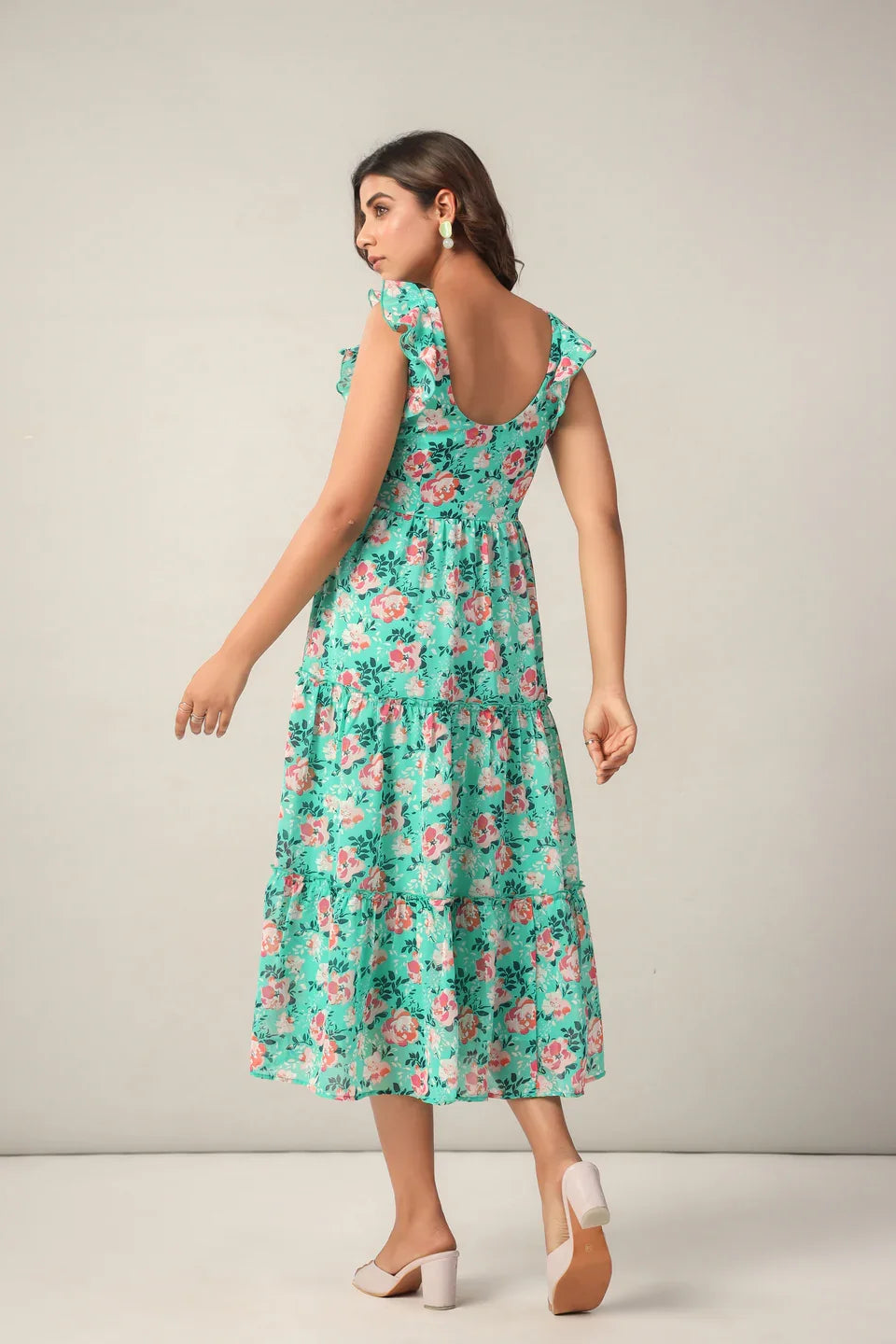 June 9 Clothing Women's Floral Georgette Fit and Flare Midi Dress Western Party Wear | back look