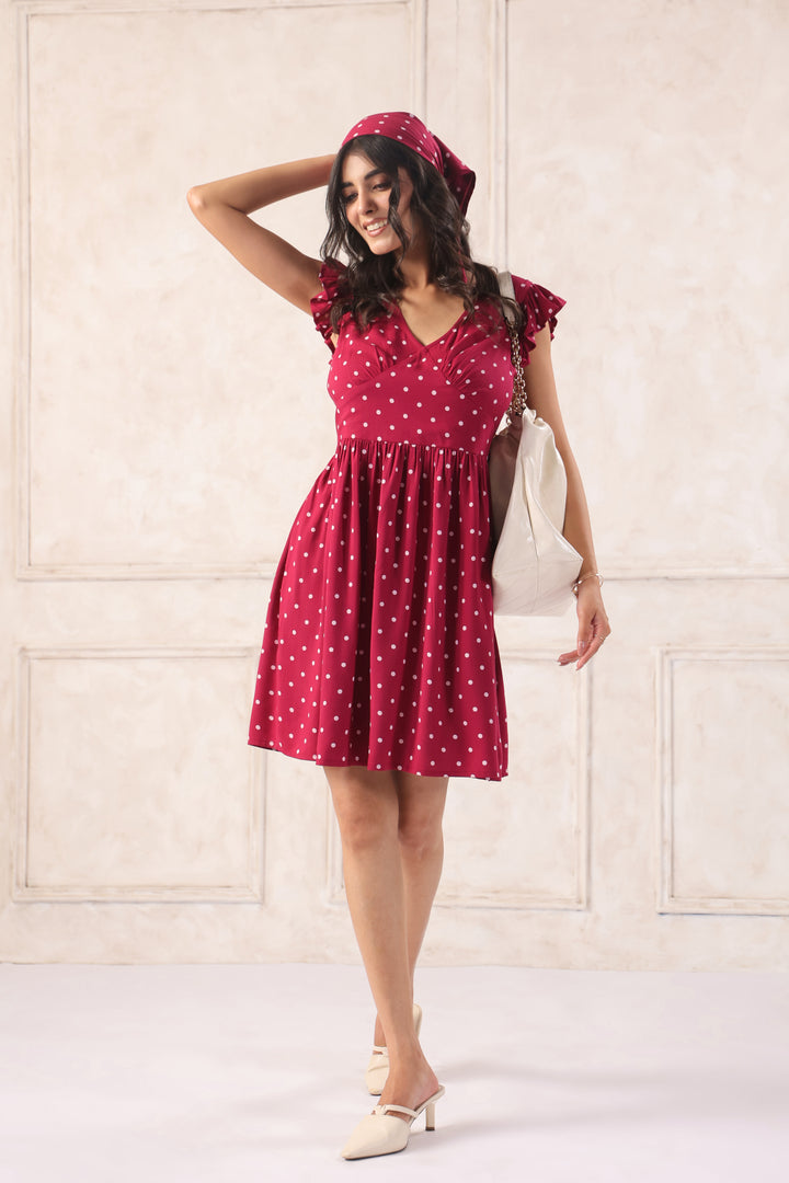 Trendy plum polka dot rayon mini dress for women chic party wear short dress