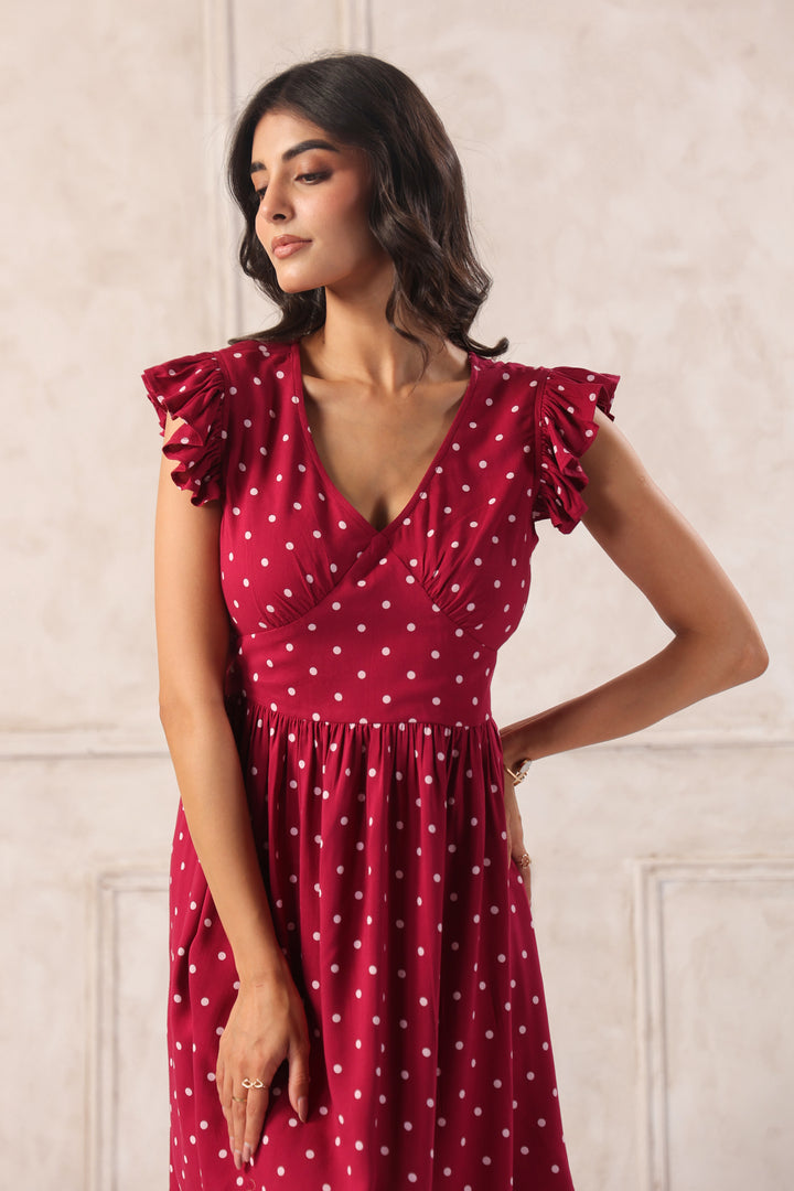 Close up plum polka dot mini dress neckline detail rayon fabric women dress