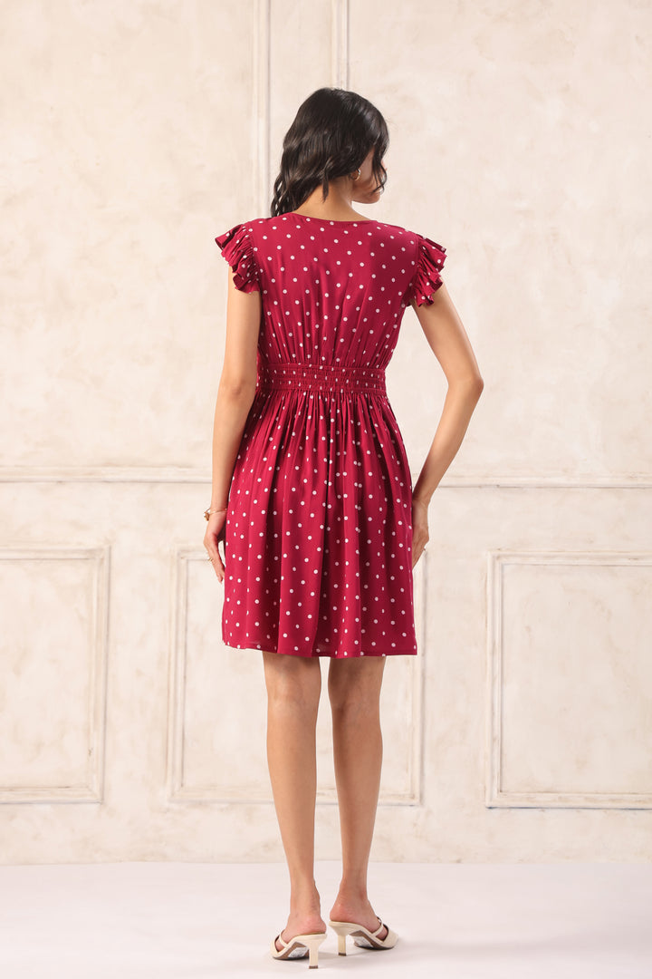 Plum polka dot mini dress back view women rayon short flared dress