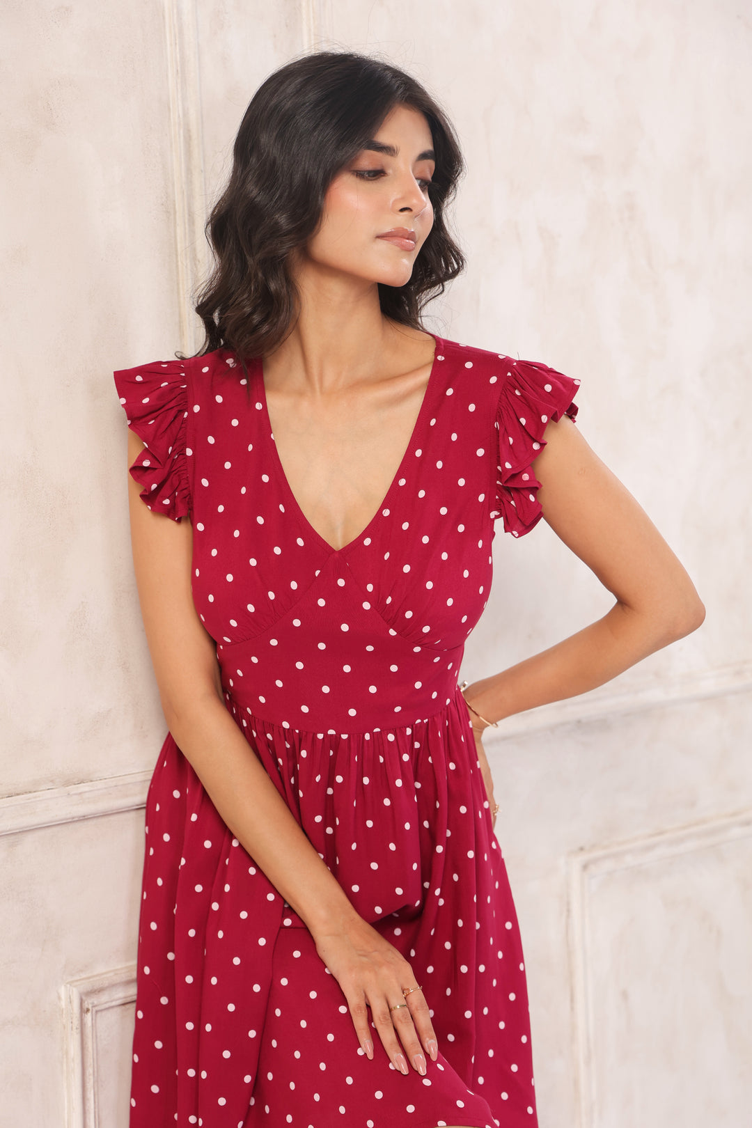 Plum polka dot rayon mini dress for women close view fit and flare summer dress