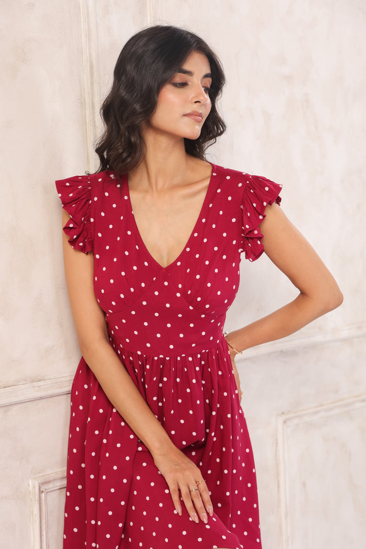Plum polka dot rayon mini dress for women close view fit and flare summer dress