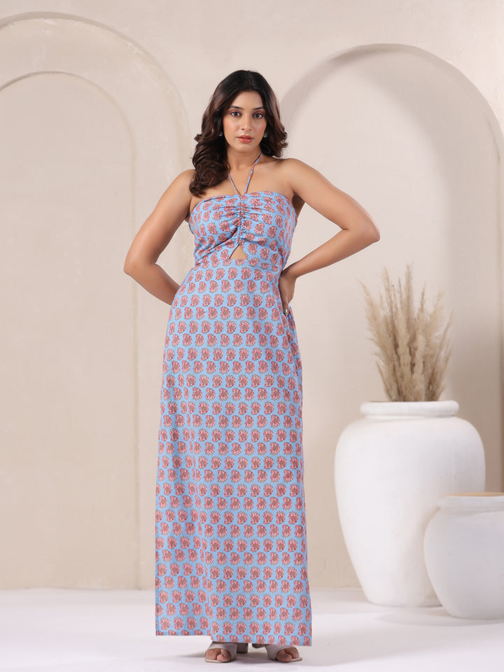 Powder Blue Paisley Printed Cotton Dress for Women | June 9 Clothing