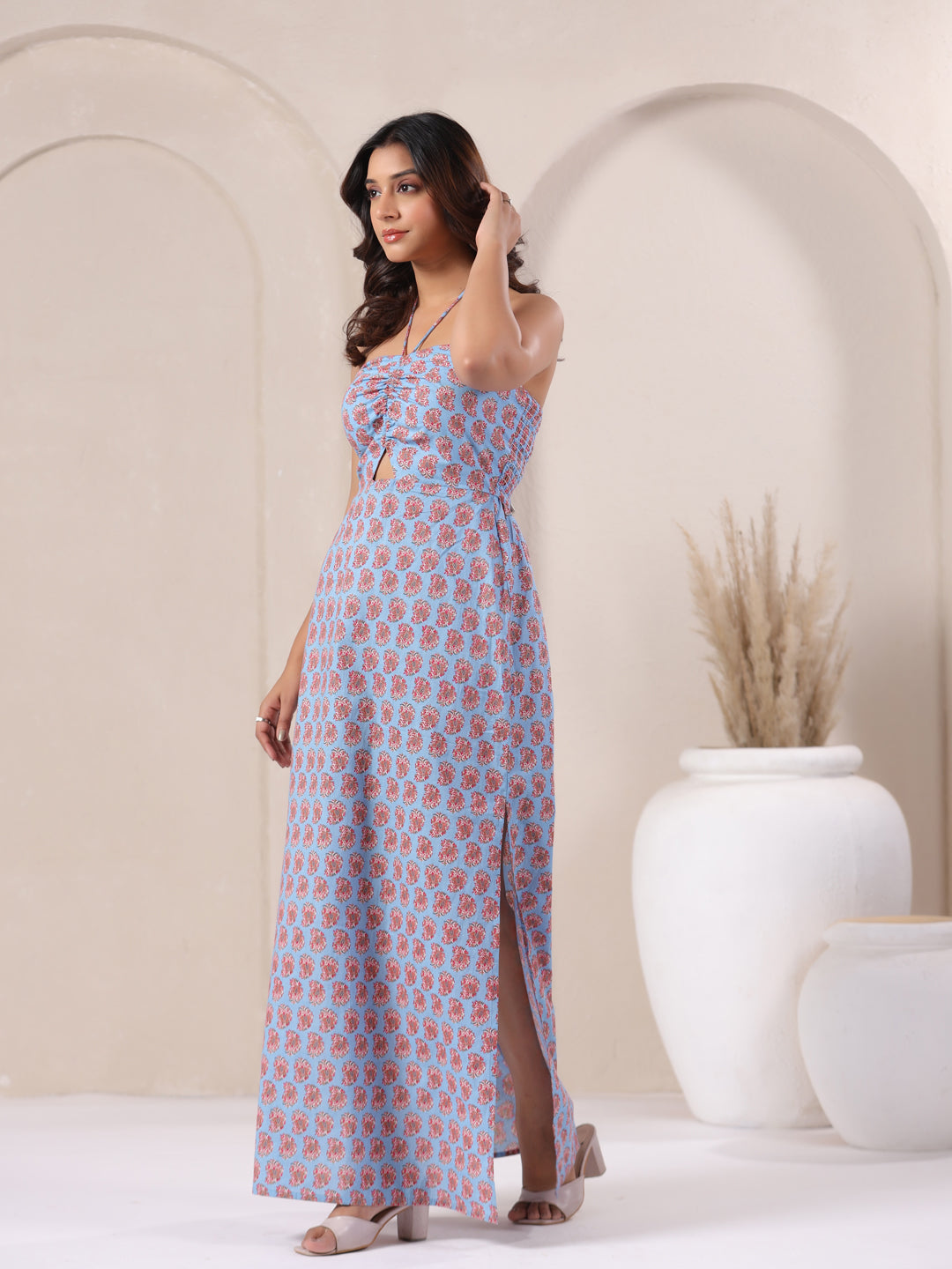 Powder Blue Paisley Printed Cotton Dress for Women | June 9 Clothing