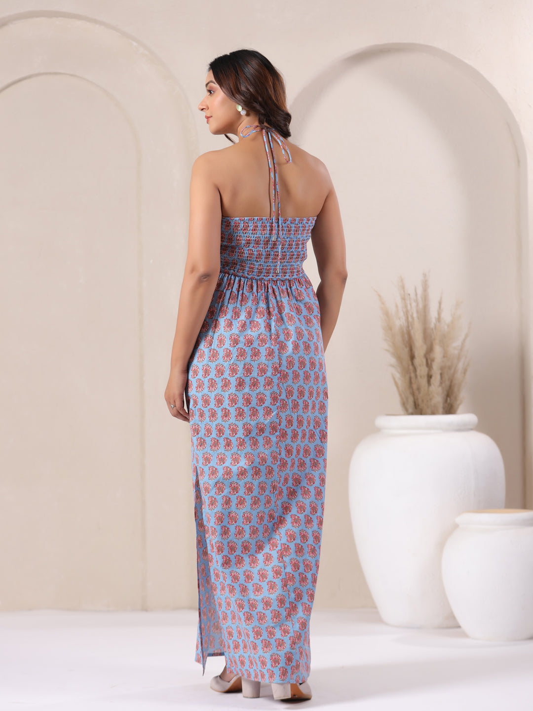 Powder Blue Paisley Printed Cotton Dress for Women | June 9 Clothing