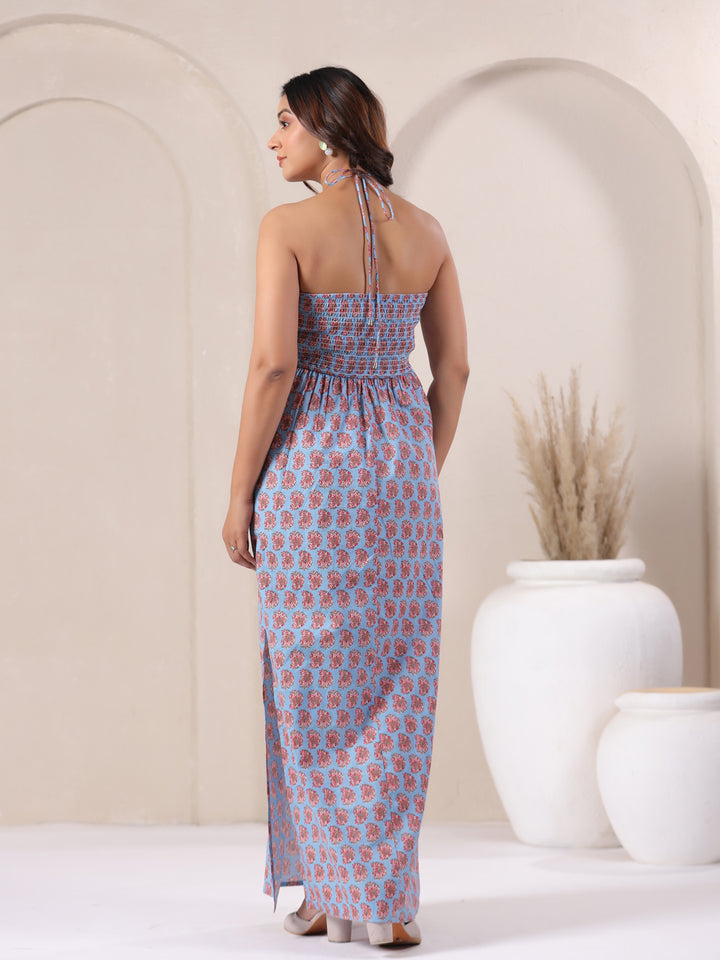 Powder Blue Paisley Printed Cotton Dress for Women | June 9 Clothing