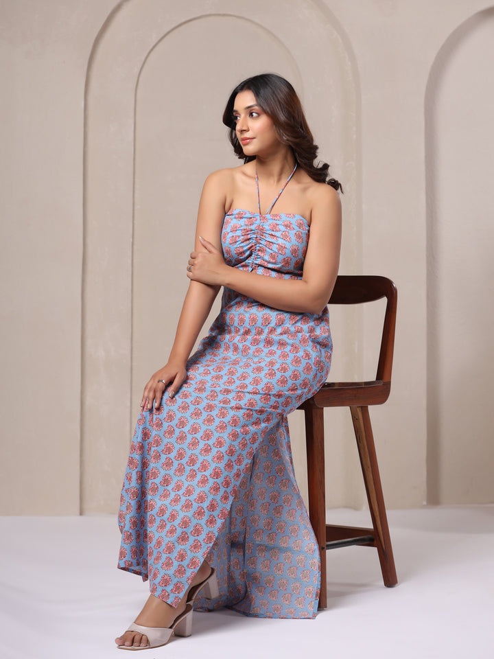 Powder Blue Paisley Printed Cotton Dress for Women | June 9 Clothing