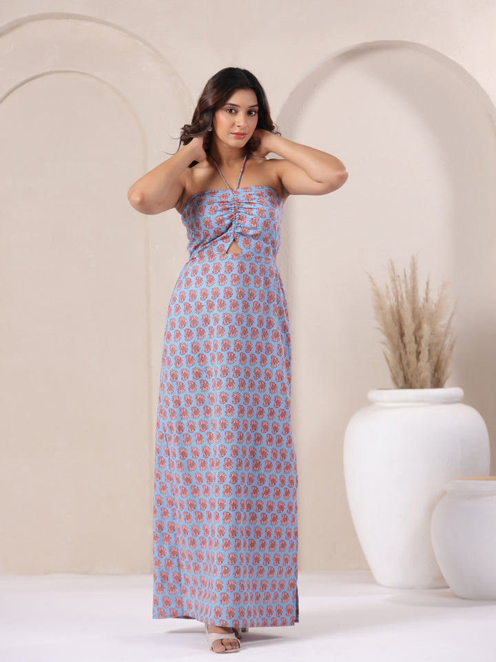 Powder Blue Paisley Printed Cotton Dress for Women | June 9 Clothing