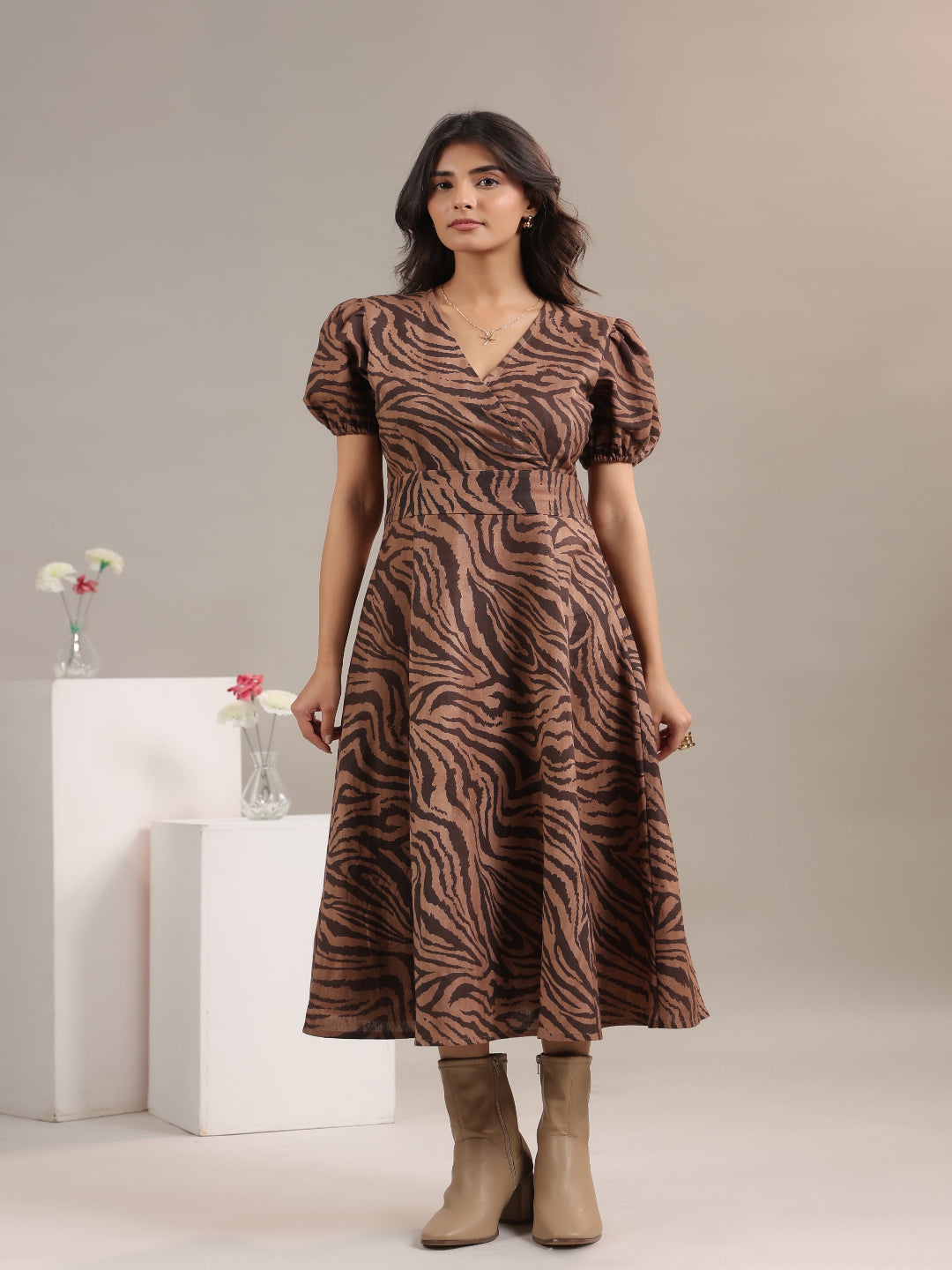 Premium animal print dress by June 9 Clothing – comfortable cotton linen midi dress for women