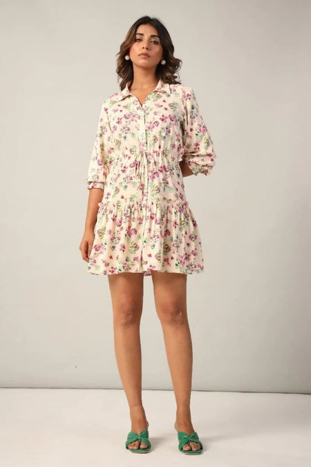 Rayon Ditsy Floral Collar short Dress front view






