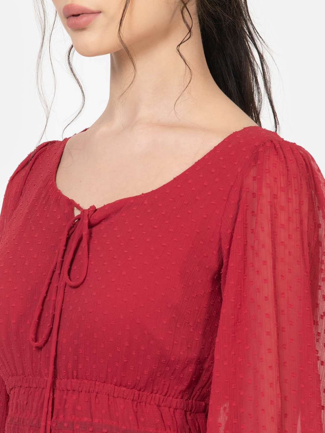 Red Dobby Midi Dress for Women Full Neck Detailing