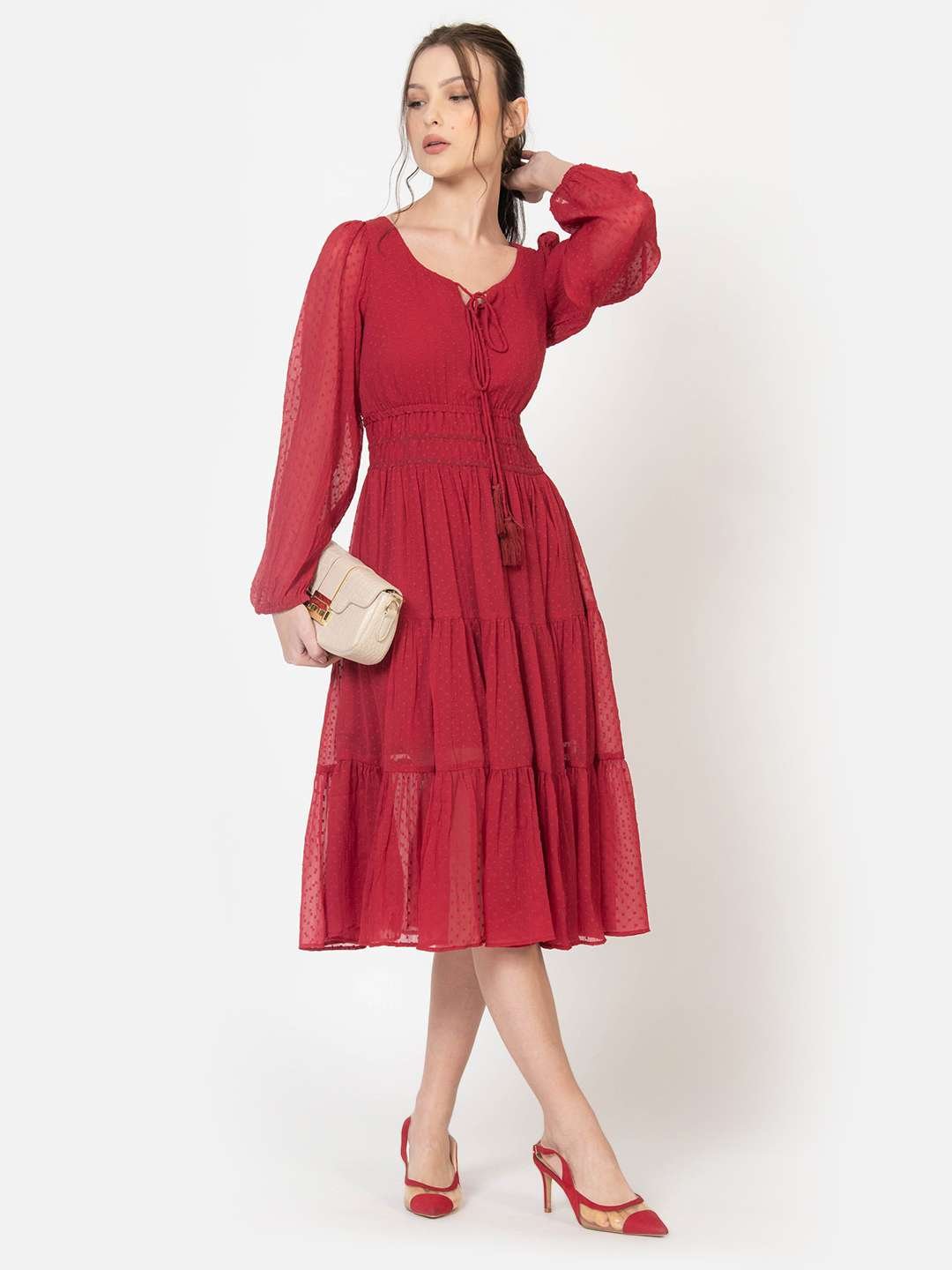 Red Dobby Midi Dress for Women Full Side Front