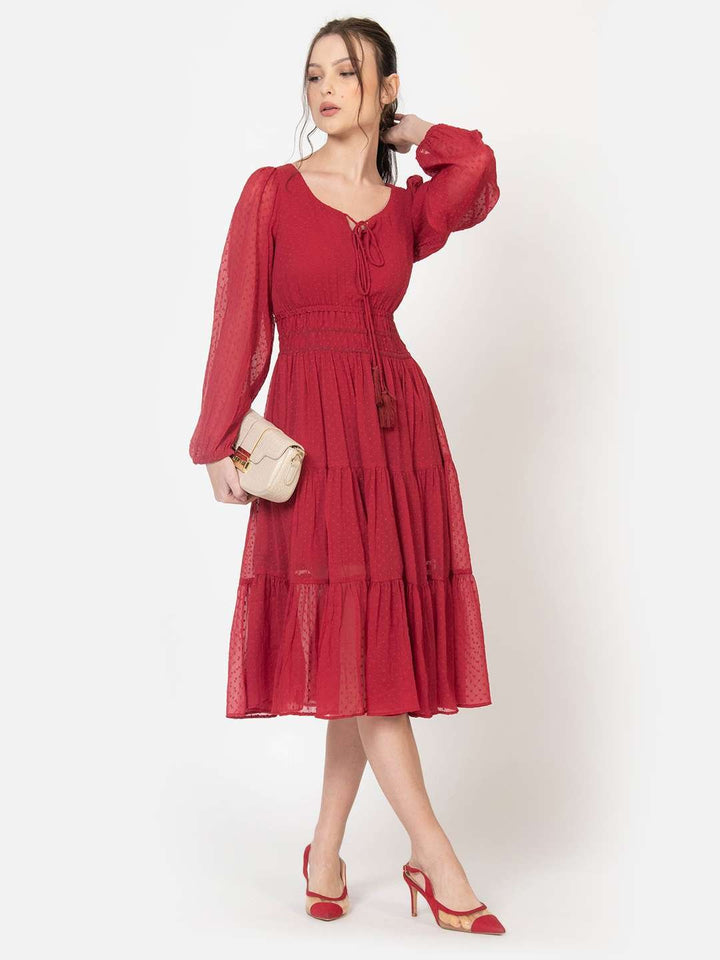 Red Dobby Midi Dress for Women Full Side Front