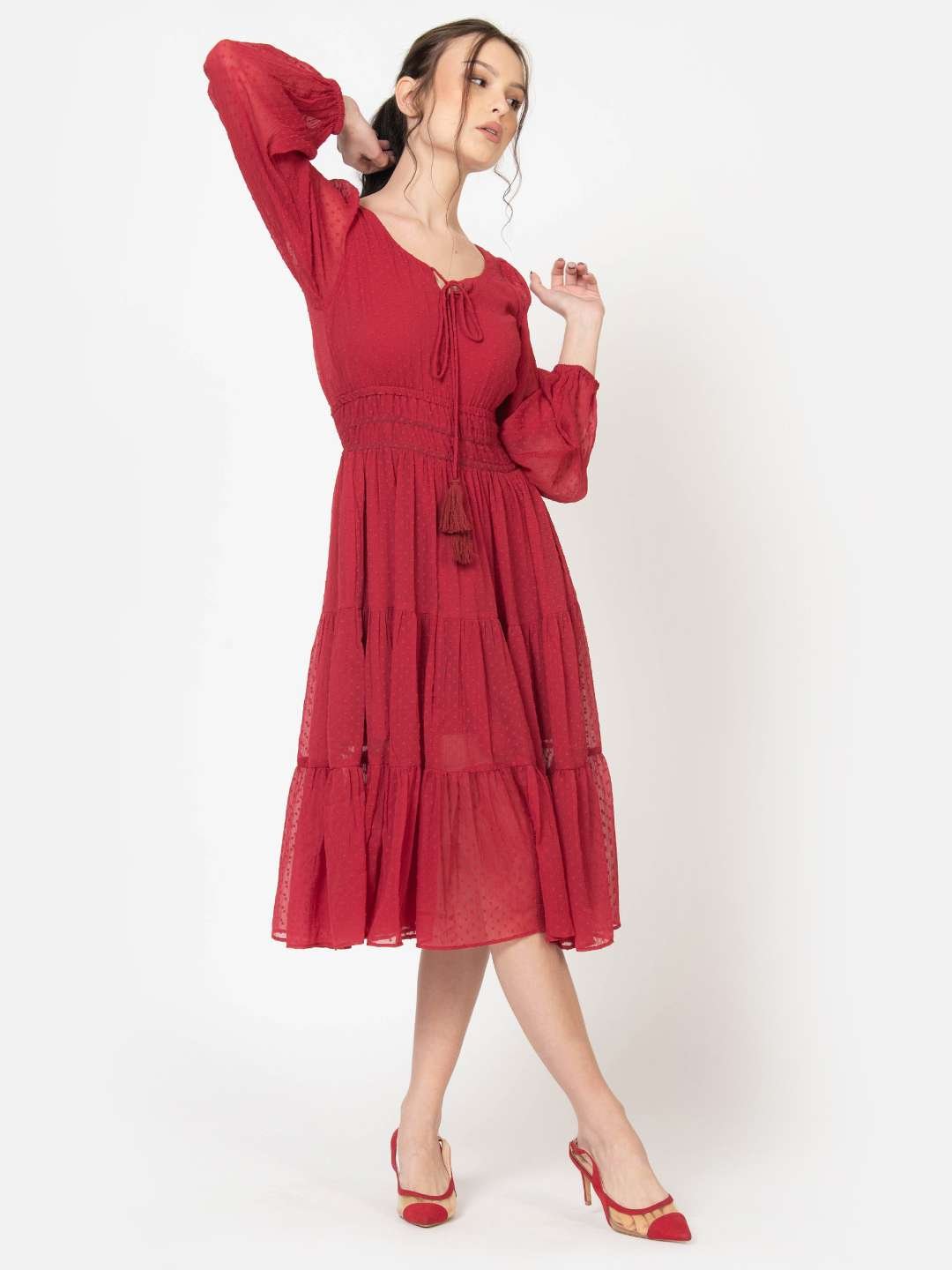 Red Dobby Midi Dress for Women Full Side2