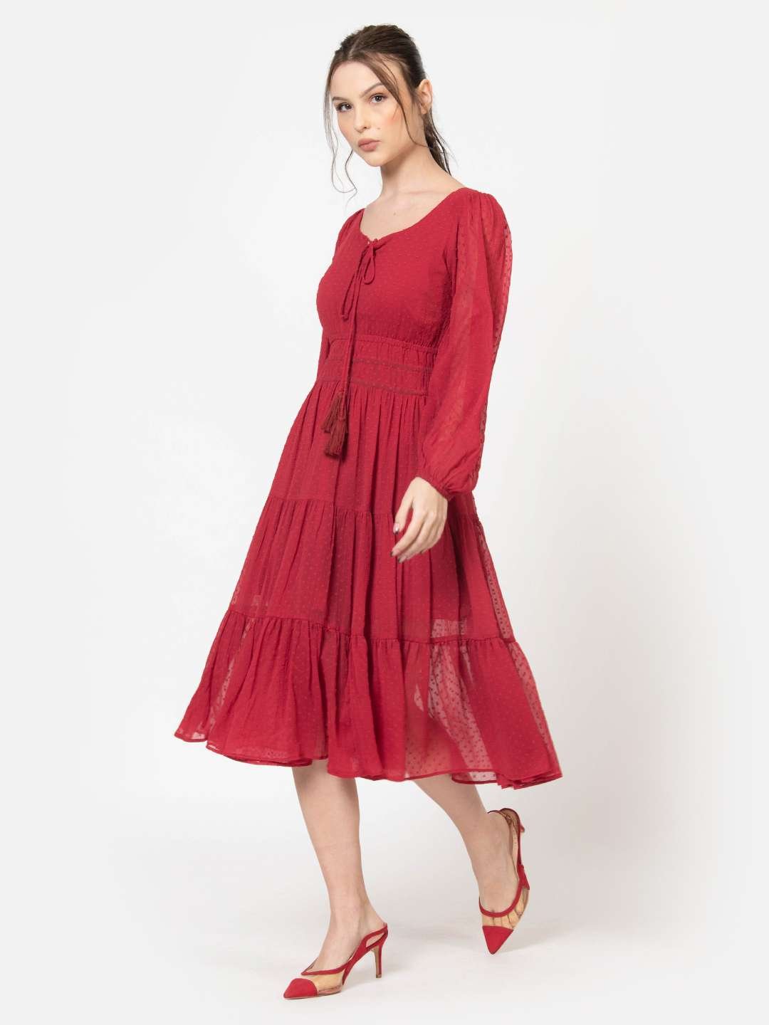 Red Dobby Midi Dress for Women Full Side3