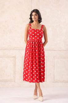 Red polka dot midi dress for women front view sleeveless summer party wear dress