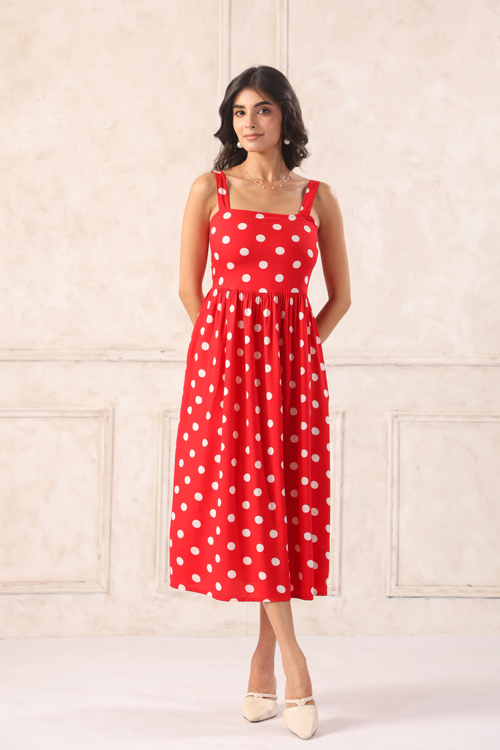 Red polka dot midi dress for women front view sleeveless summer party wear dress