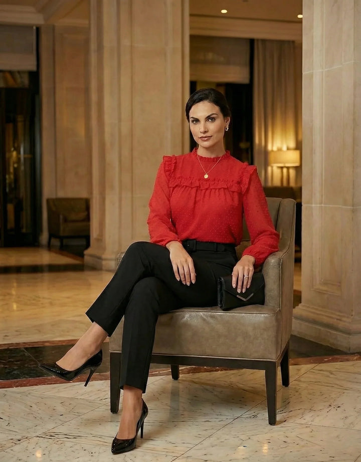 Red top for women paired with trousers – elegant casual office outfit