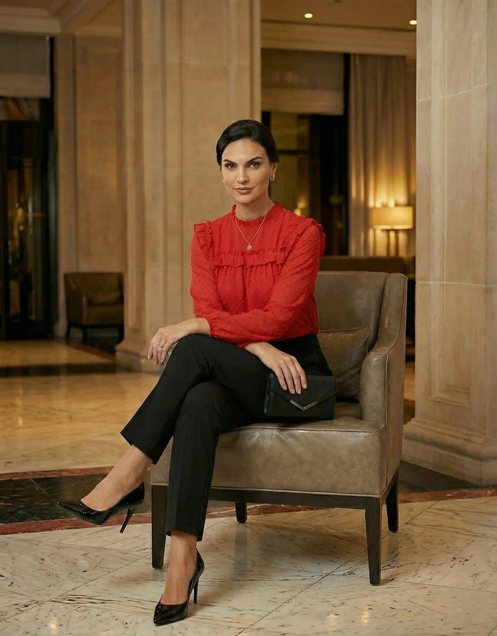 Solid red chiffon top for women styled for office and formal wear