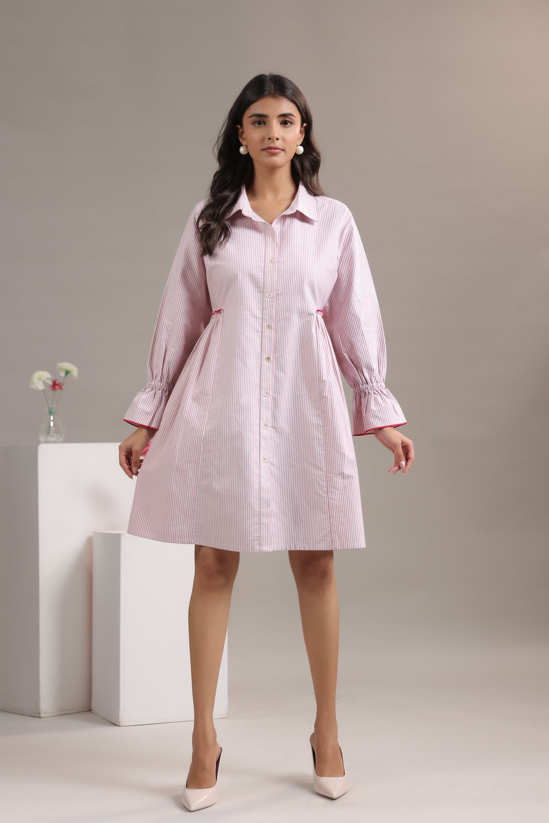 Red and white striped dress with collar neck and long sleeves - flowy angles.