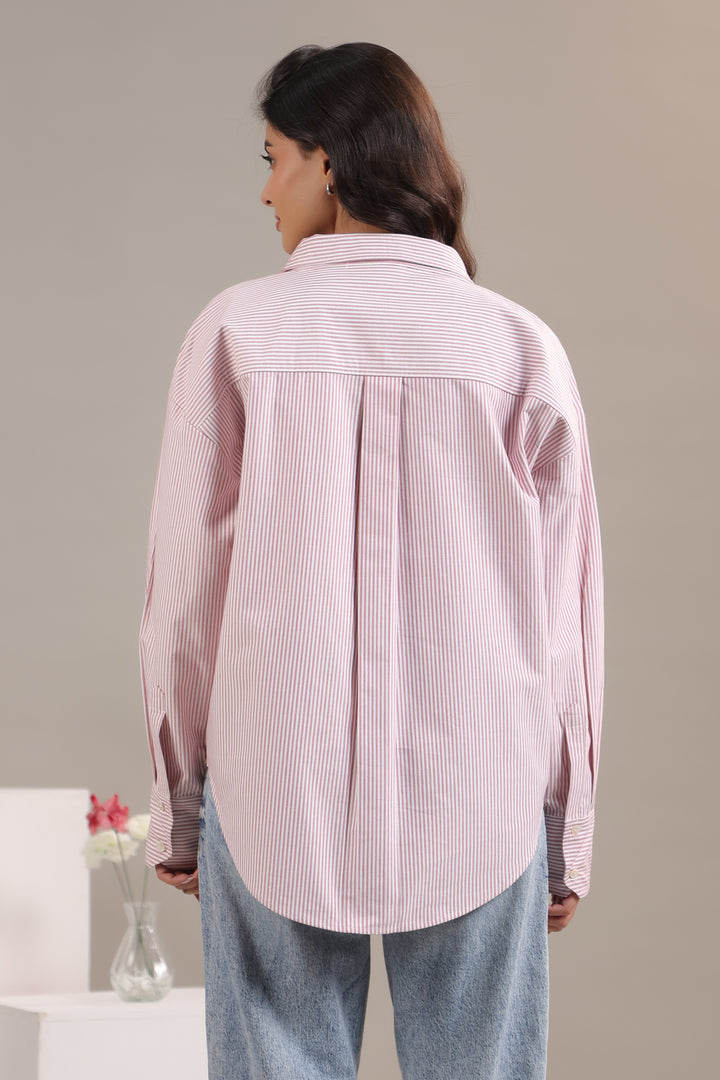 Red and white striped shirt for women back view with long sleeves
