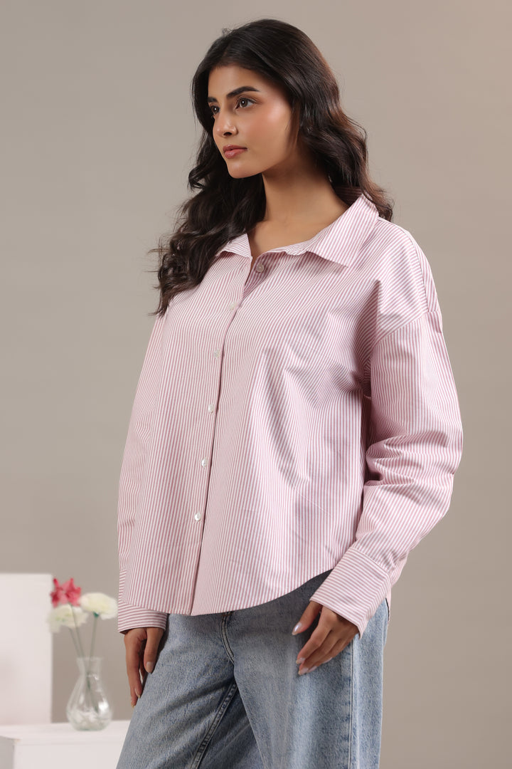 Red and white striped shirt for women in oversize relaxed fit side view
