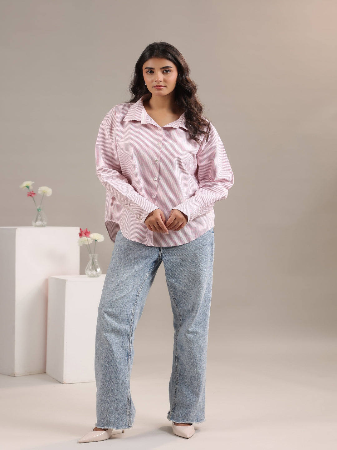 Red and white striped shirt for women office casual outfit full length view
