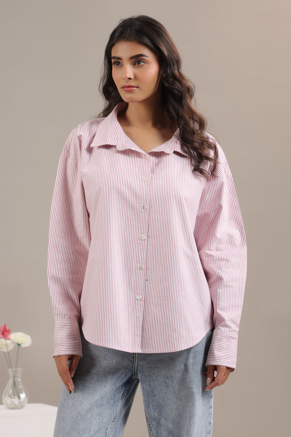 Red and white striped shirt for women with oversize fit and collar neck
