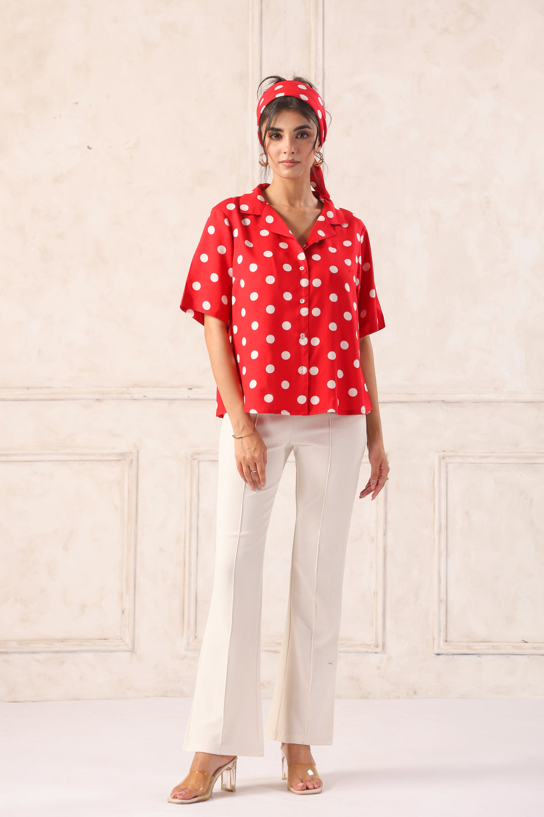 Red polka dot shirt for women front view casual summer shirt