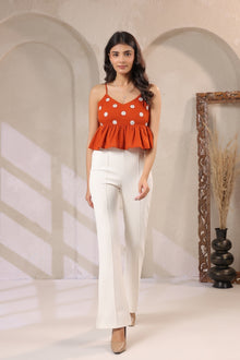 Rust embroidered cotton peplum top for women front full look stylish summer outfit