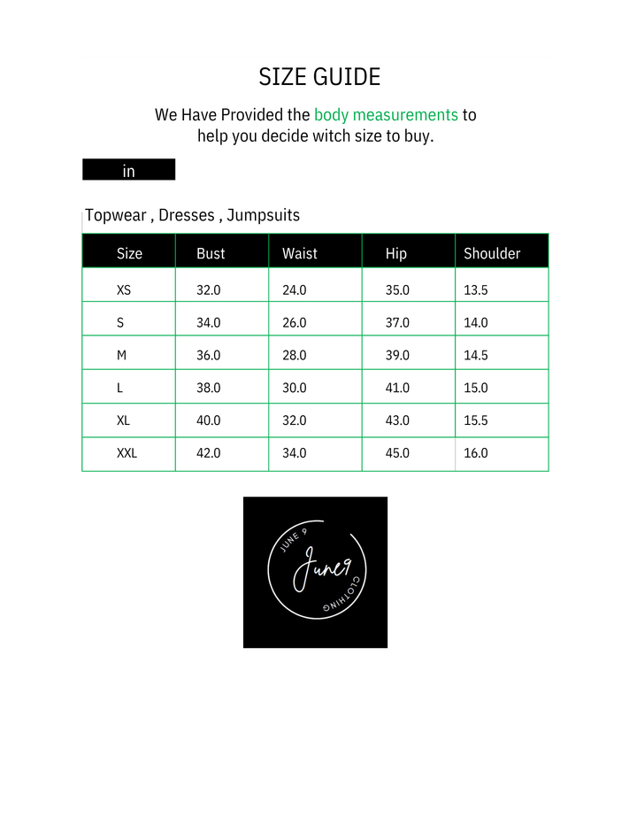 Size guide for topwear, dresses, and jumpsuits with body measurement.