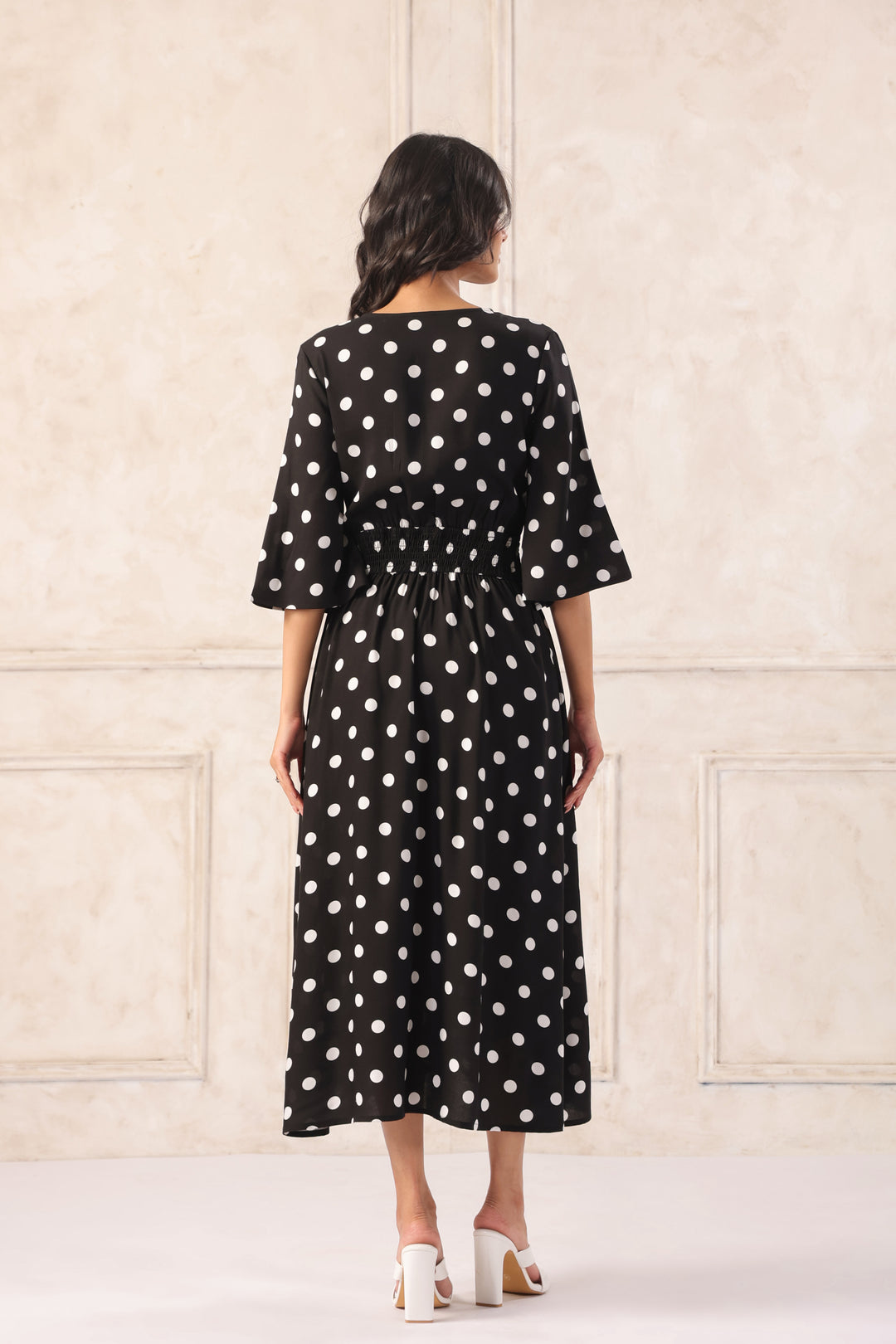 Women Black & White Printed Midi Dress with Flutter Sleeves