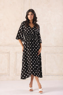 Black polka dot midi dress with V-neck and flared sleeves for women's Western wear