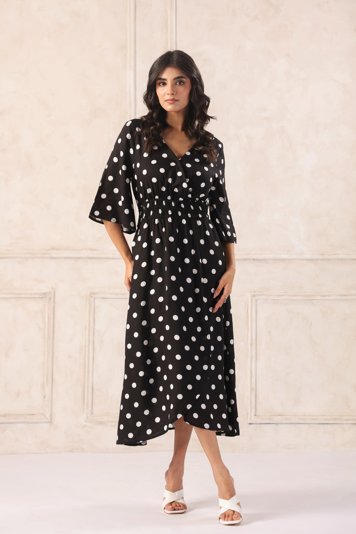 Women Black & White Printed Midi Dress with Flutter Sleeves